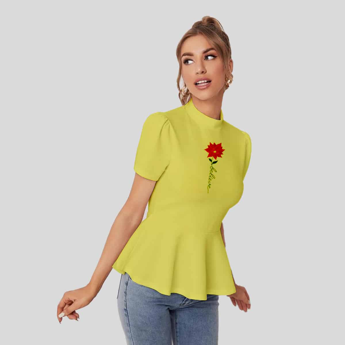 Yellow Zipper Back Solid Peplum Top-RCT053