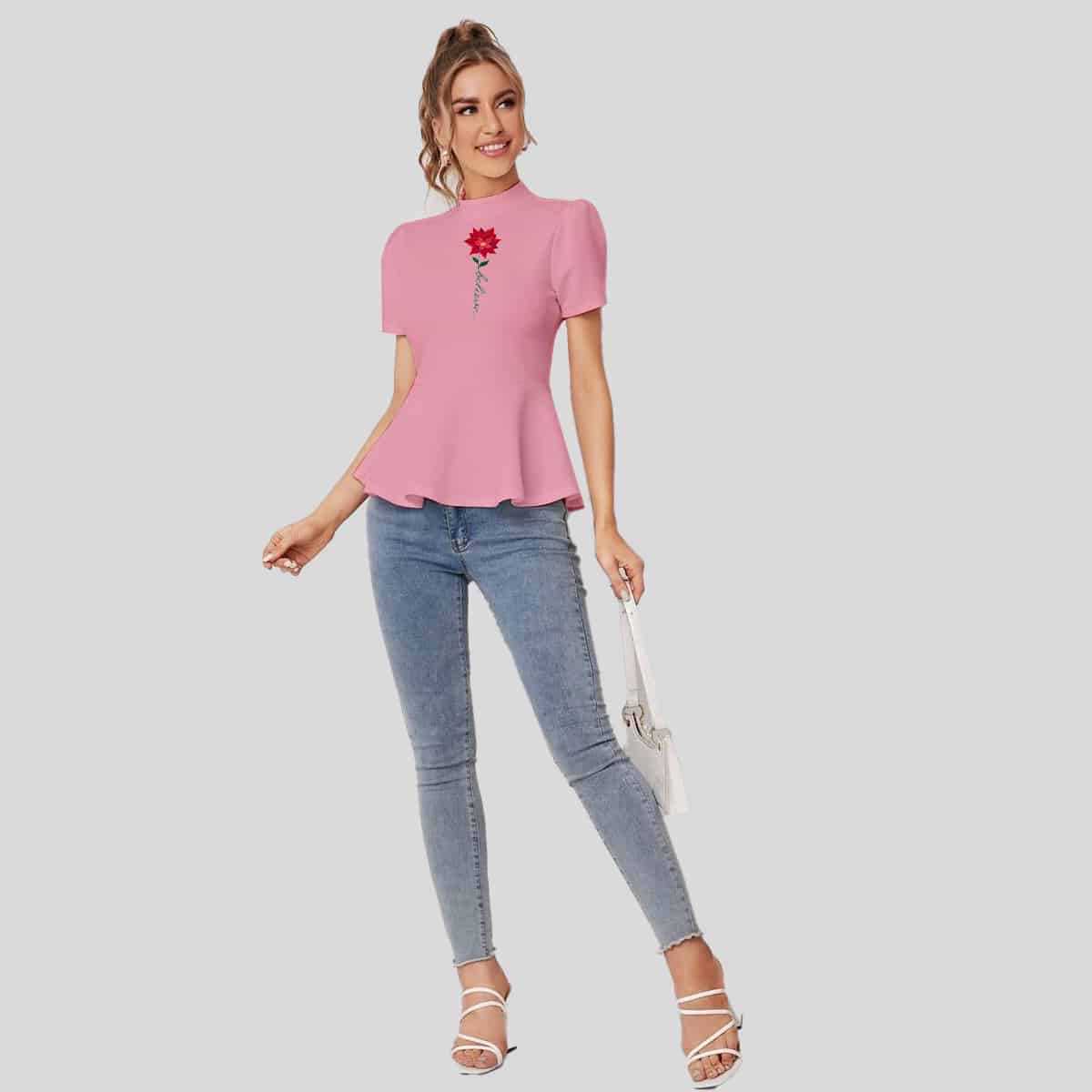 Baby Pink Zipper Back Solid Peplum Top-RCT054