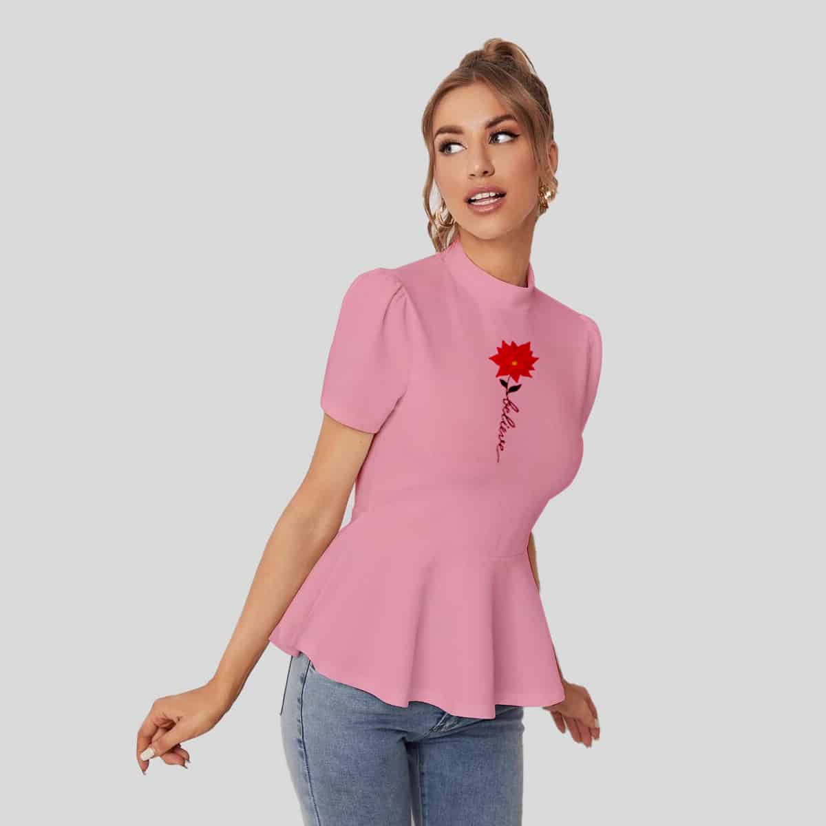 Baby Pink Zipper Back Solid Peplum Top-RCT054