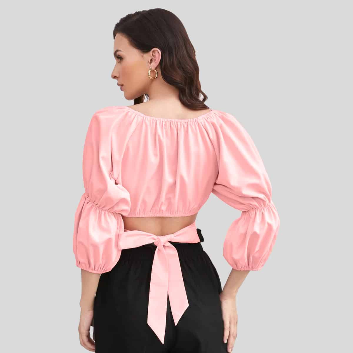 Baby Pink Gather Sleeve Notch Neck Tie Back Crop with Print Top-RCT057