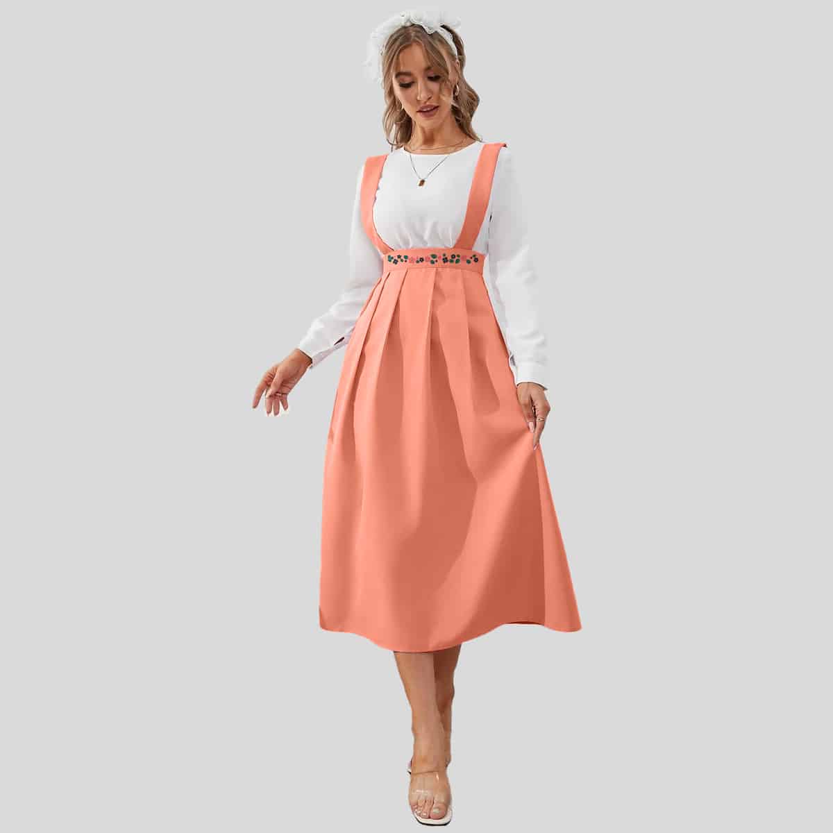 Coral Pink Pleated Hem Overall Dress & Top- RED064B