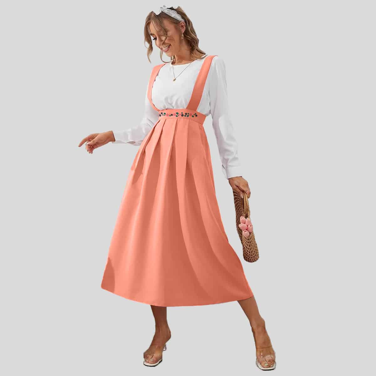 Coral Pink Pleated Hem Overall Dress & Top- RED064B