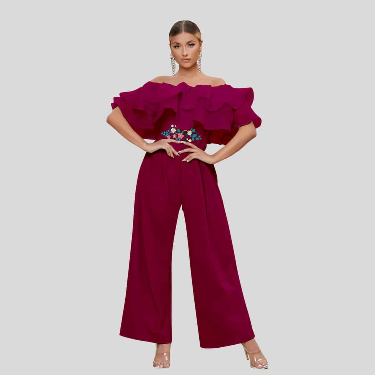 Dahlia Pink Off Shoulder Layered Fold Over Front Wide Leg Jumpsuit-REJS001