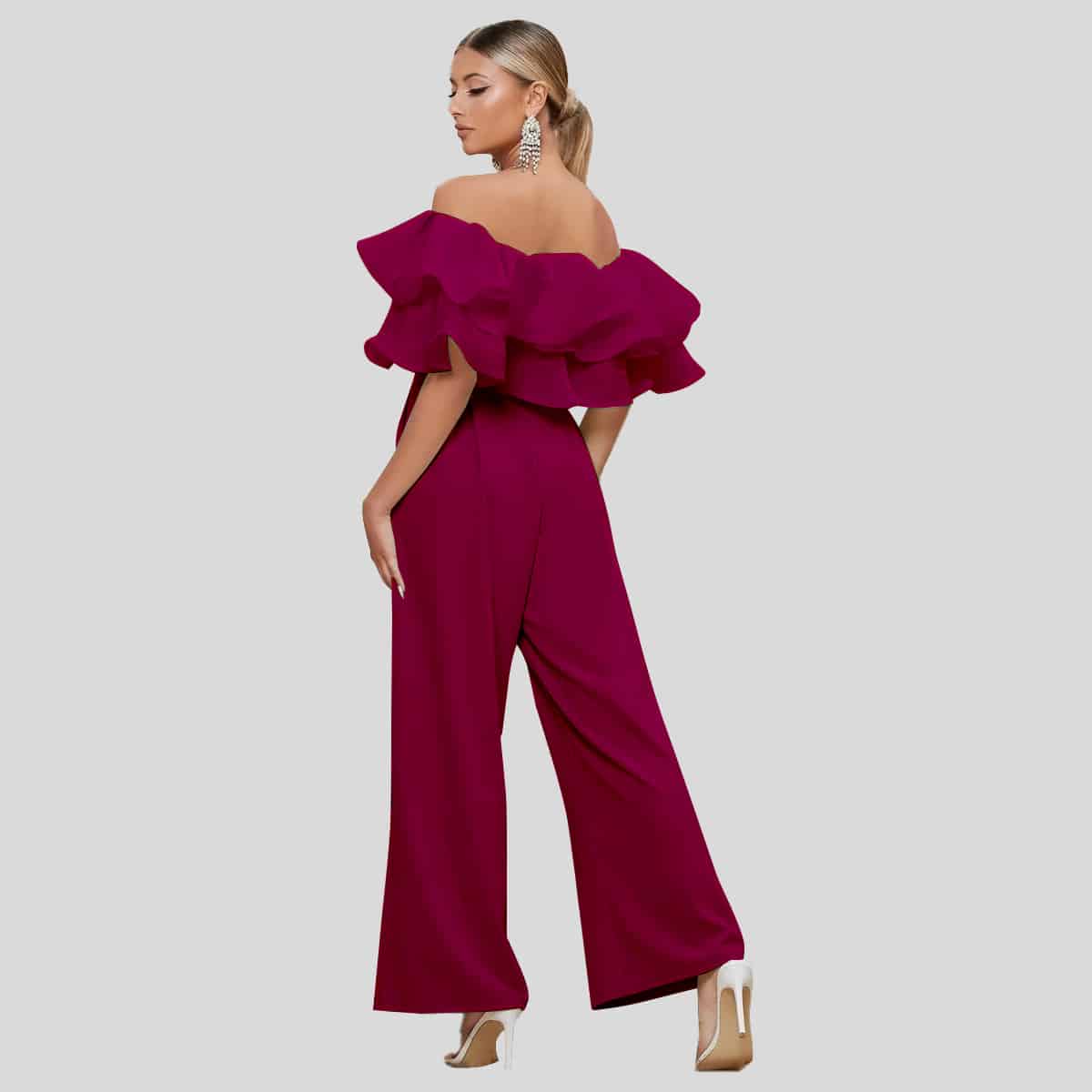 Dahlia Pink Off Shoulder Layered Fold Over Front Wide Leg Jumpsuit-REJS001