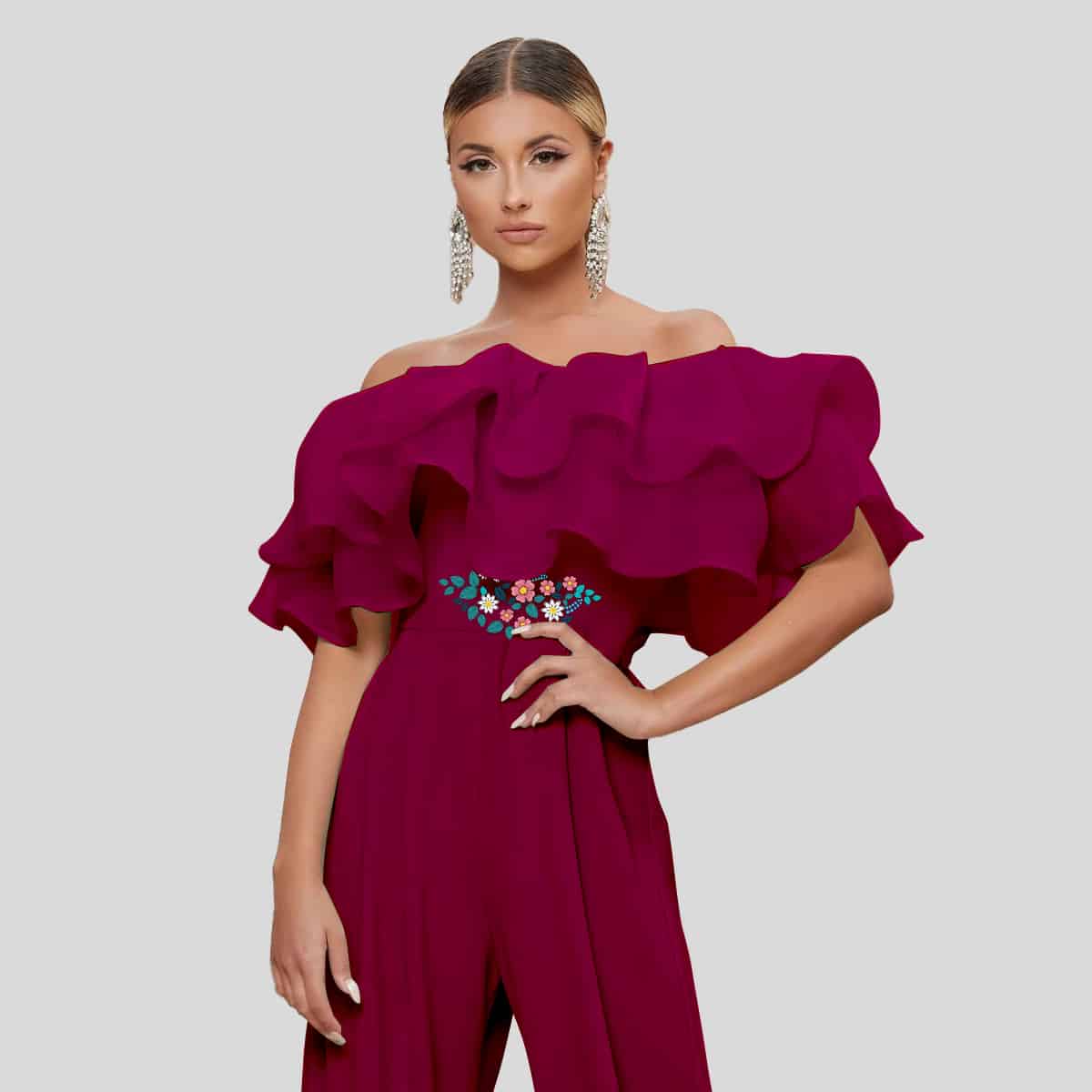 Dahlia Pink Off Shoulder Layered Fold Over Front Wide Leg Jumpsuit-REJS001