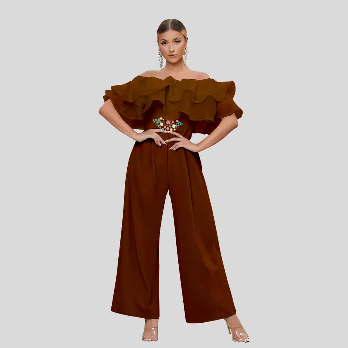 Gingerbread Color Off Shoulder Layered Fold Over Front Wide Leg Jumpsuit-REJS002