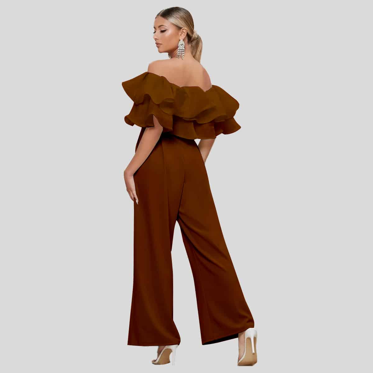 Gingerbread Color Off Shoulder Layered Fold Over Front Wide Leg Jumpsuit-REJS002