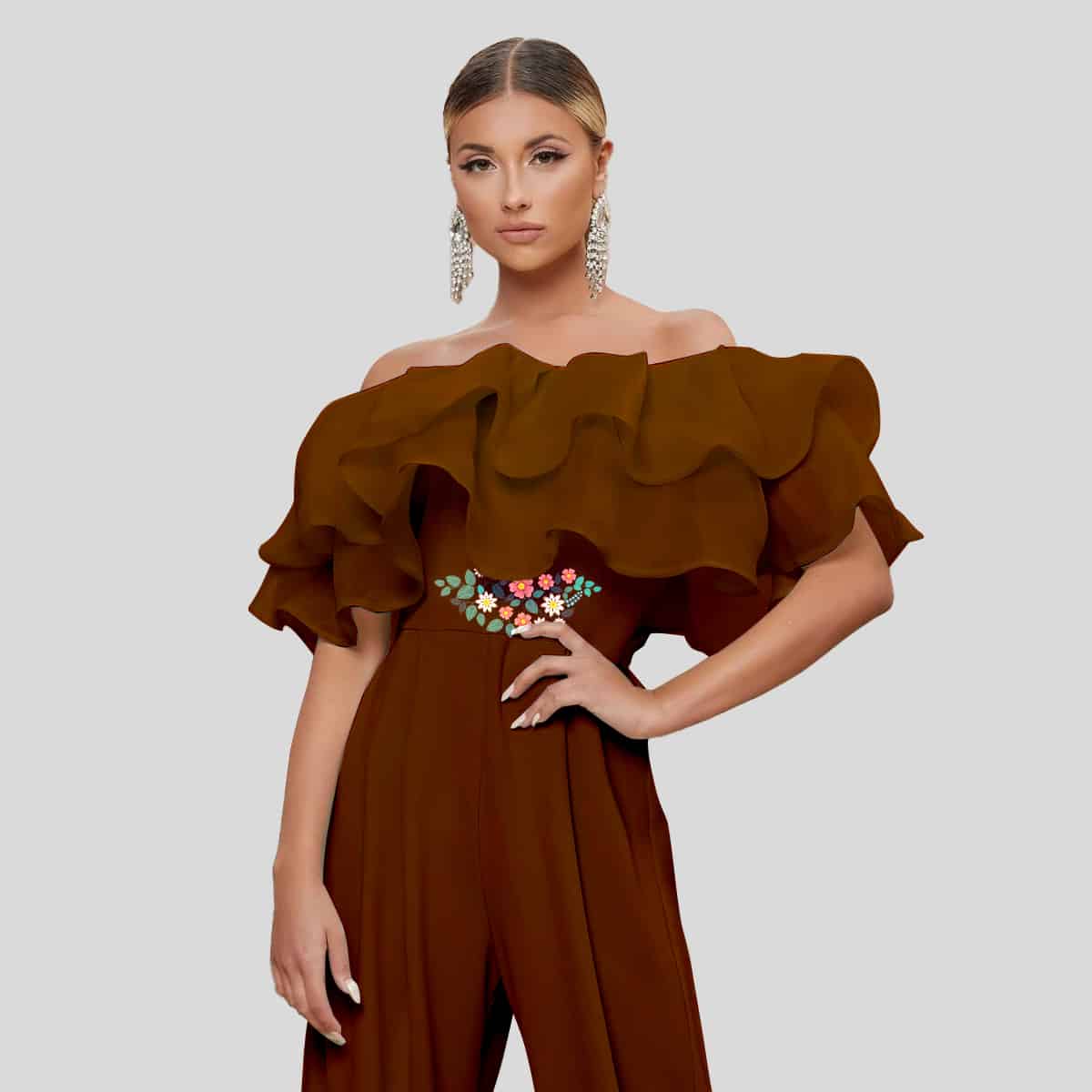 Gingerbread Color Off Shoulder Layered Fold Over Front Wide Leg Jumpsuit-REJS002
