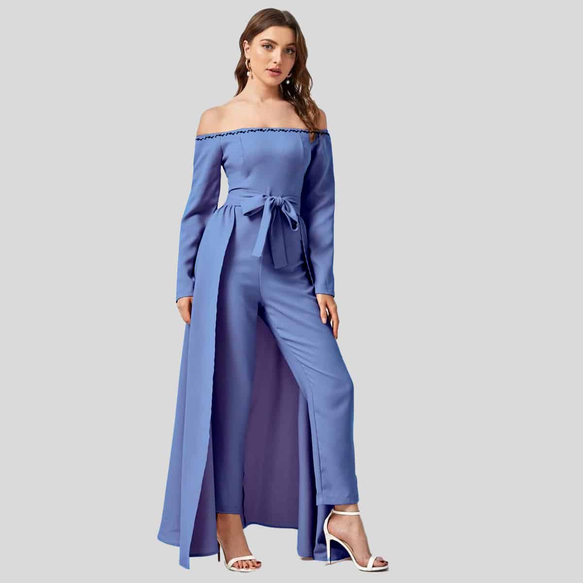 Lotus Blue Off Shoulder Belted Jumpsuit With Skirt-Recovered-REJS003