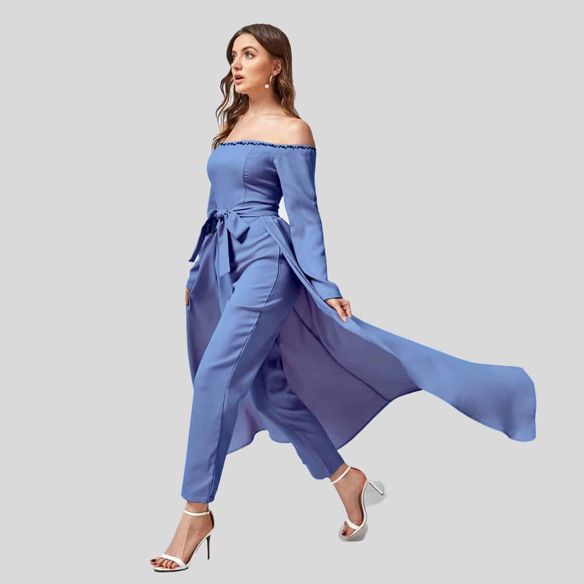 Lotus Blue Off Shoulder Belted Jumpsuit With Skirt-Recovered-REJS003