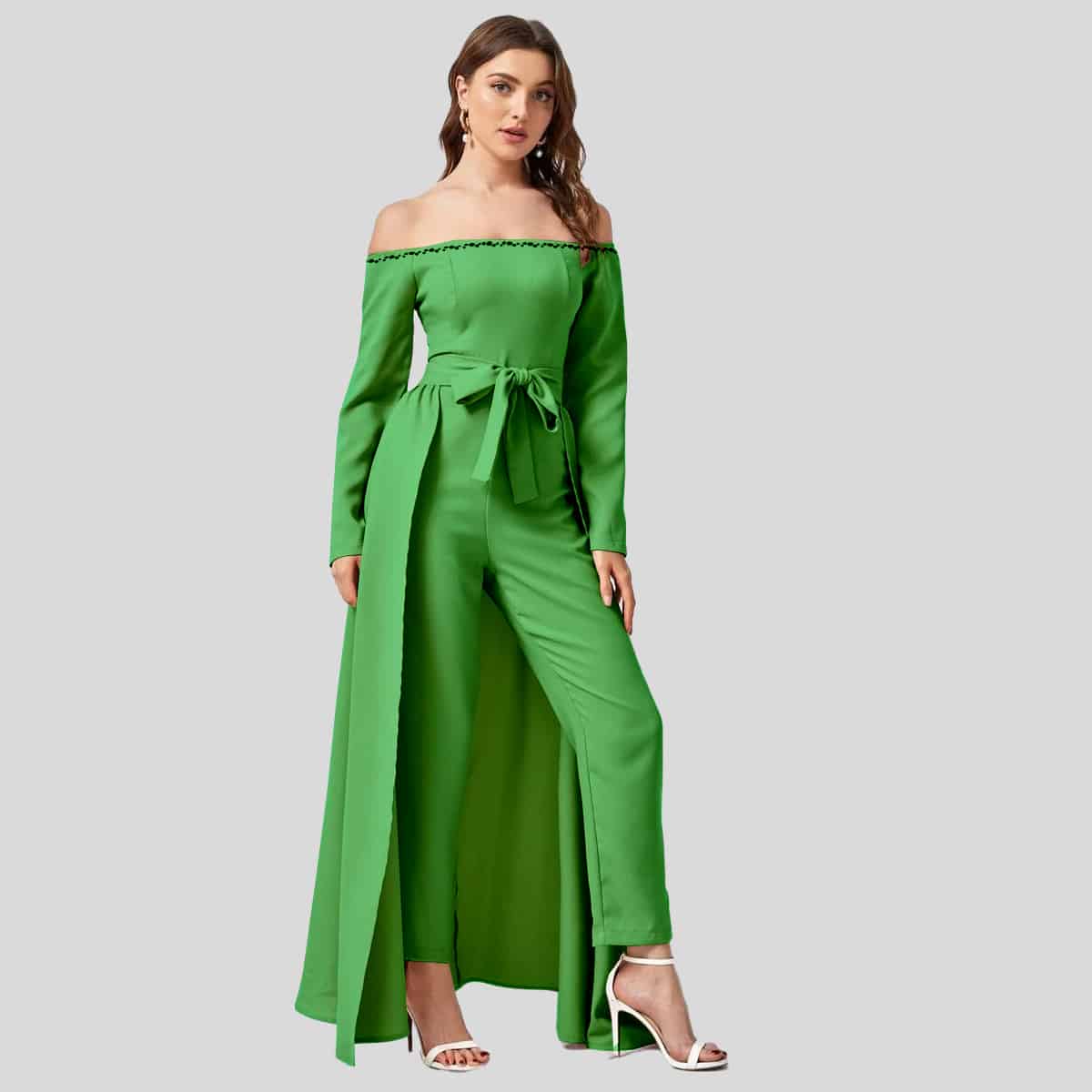 Parakeet Green Off Shoulder Belted Jumpsuit With Skirt-Recovered-REJS004