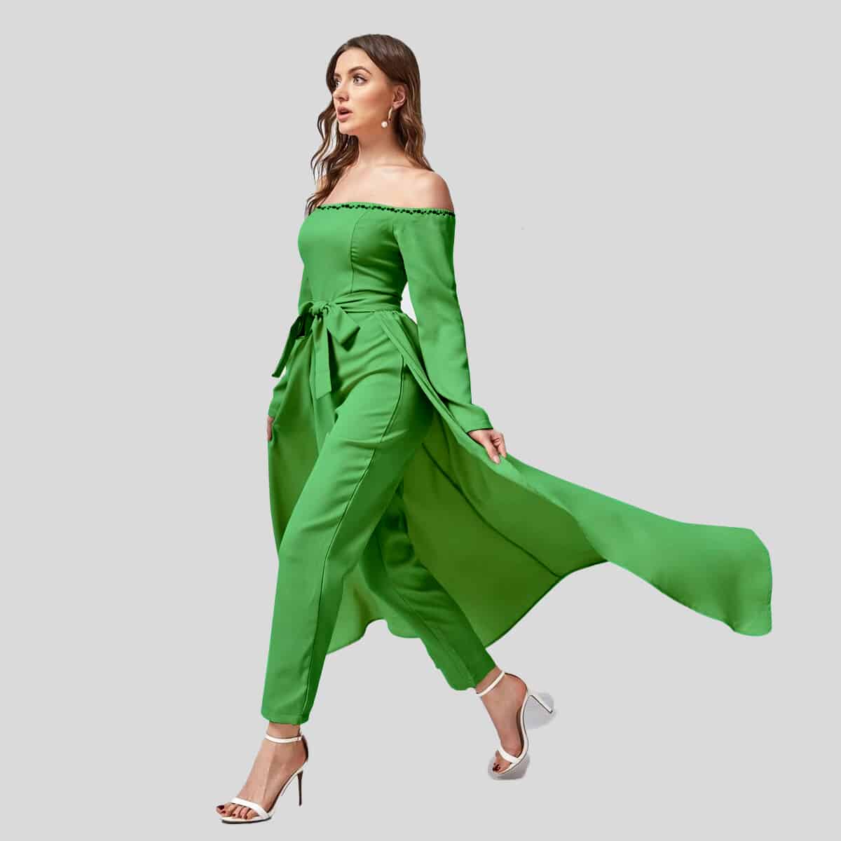 Parakeet Green Off Shoulder Belted Jumpsuit With Skirt-Recovered-REJS004