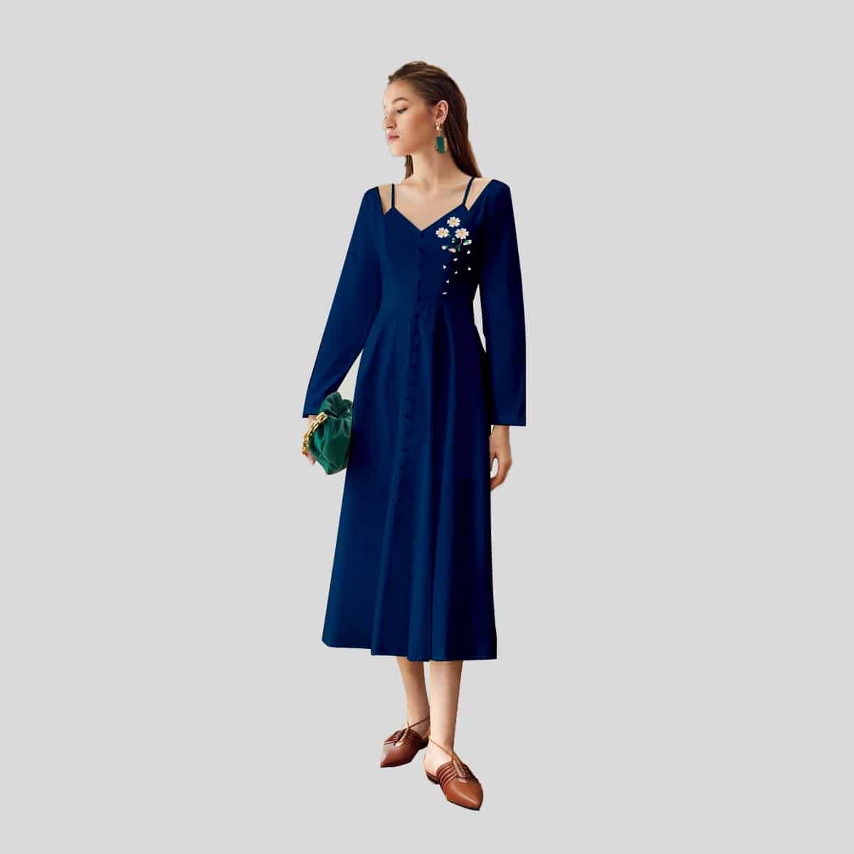 Midnight Blue Cold Shoulder A-line Maxi-REM0011