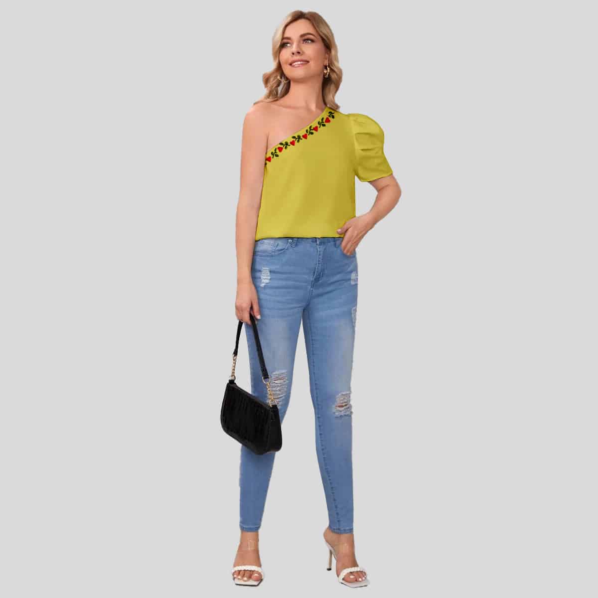Yellow One Shoulder Puff Sleeve Top-RET083B