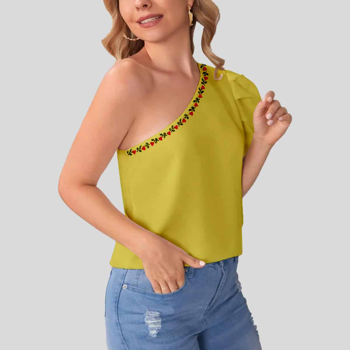 Yellow One Shoulder Puff Sleeve Top-RET083B