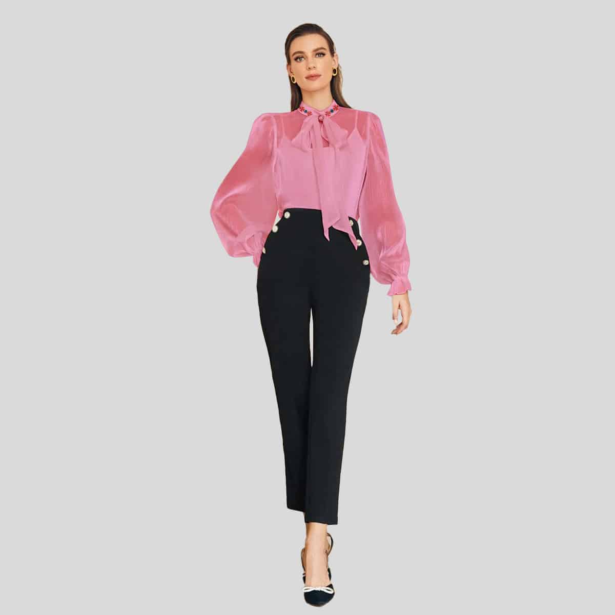 Baby Pink Pearls Bow Front Flounce Sleeve Blouse Without Cami Top-RET085A