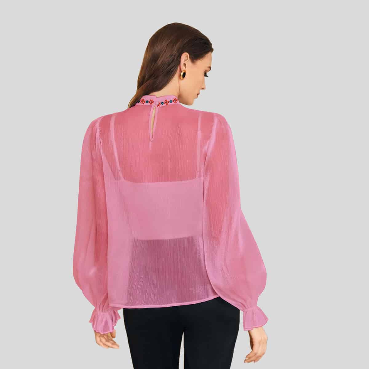 Baby Pink Pearls Bow Front Flounce Sleeve Blouse Without Cami Top-RET085A