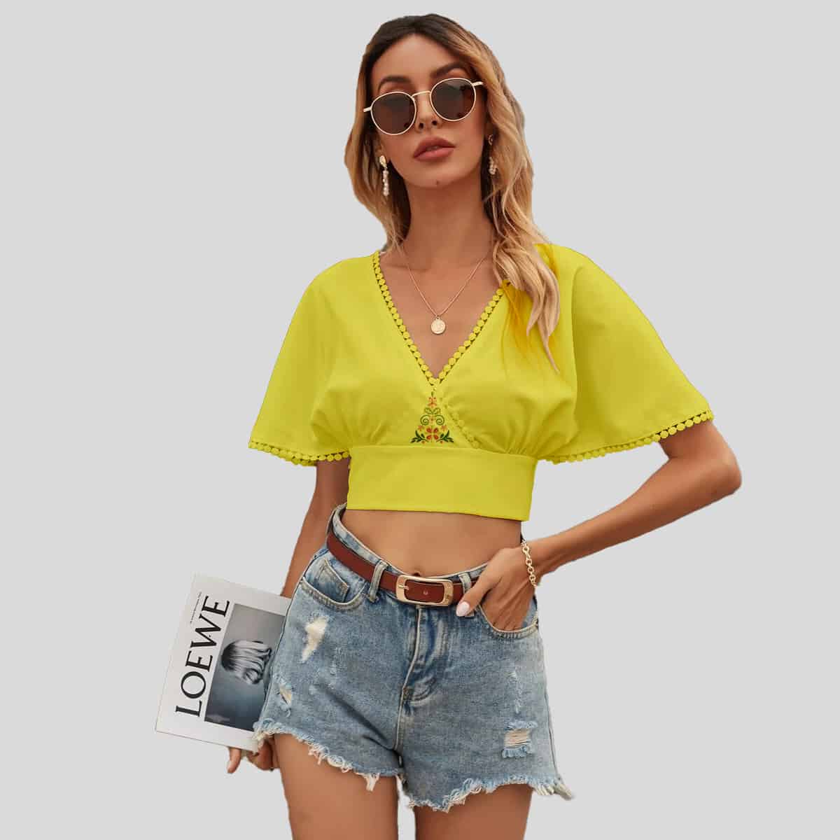 Yellow Tie Back Surplice Front with Floral Detail-RET086A