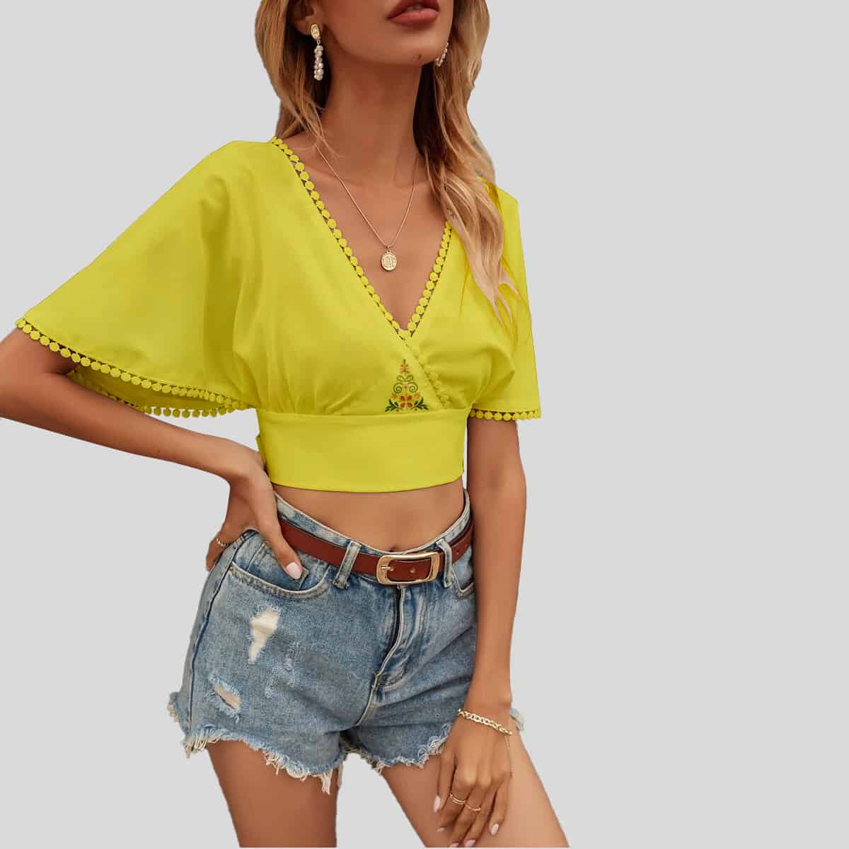 Yellow Tie Back Surplice Front with Floral Detail-RET086A