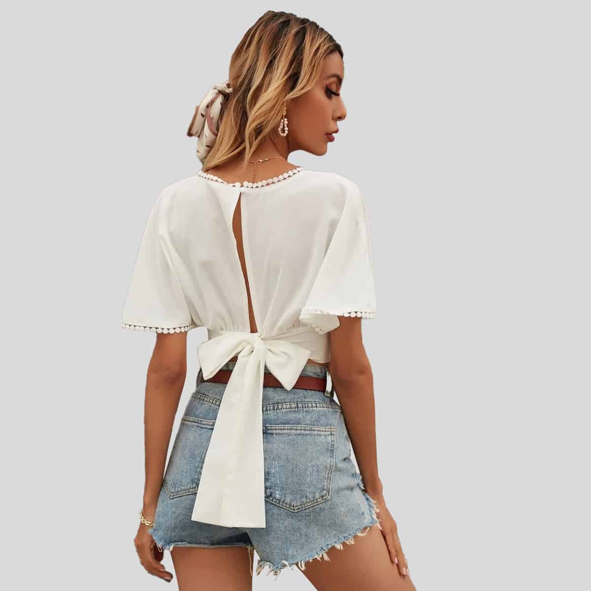 White Tie Back Surplice Front with Floral Detail-RET086B