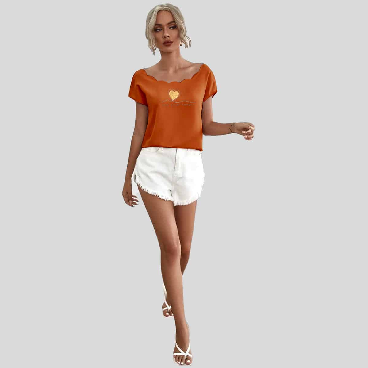 Squash Orange Scallop Trim Batwing Sleeve Top-RET087A