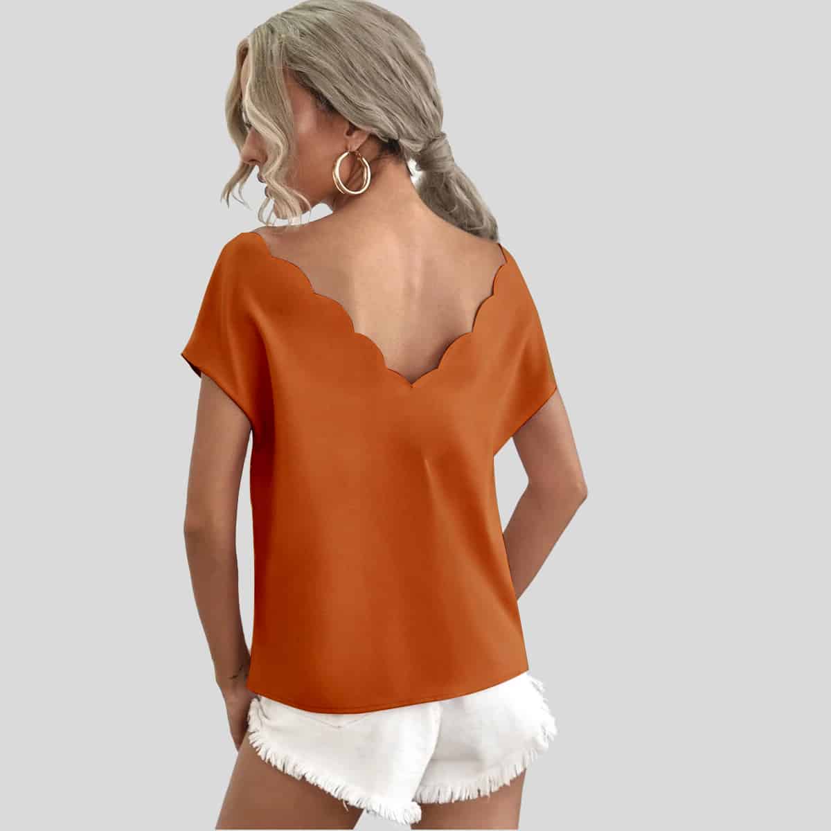 Squash Orange Scallop Trim Batwing Sleeve Top-RET087A