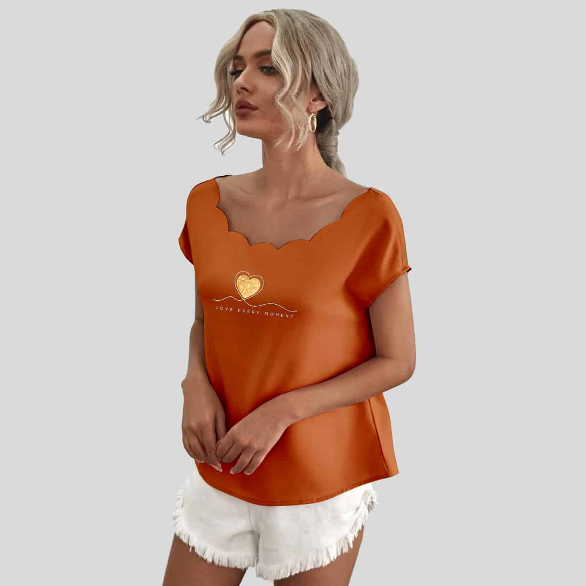 Squash Orange Scallop Trim Batwing Sleeve Top-RET087A