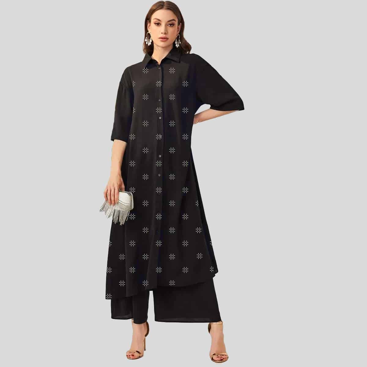 Black Button Up Longline kurta & Wide Leg Pants-RCK001