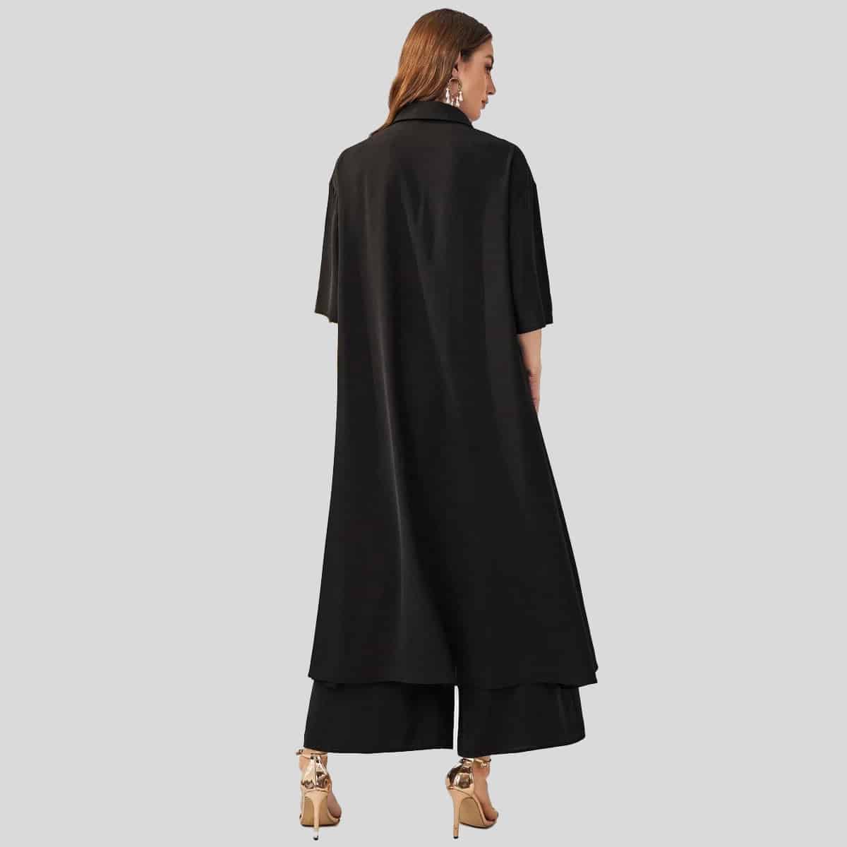 Black Button Up Longline kurta & Wide Leg Pants-RCK001