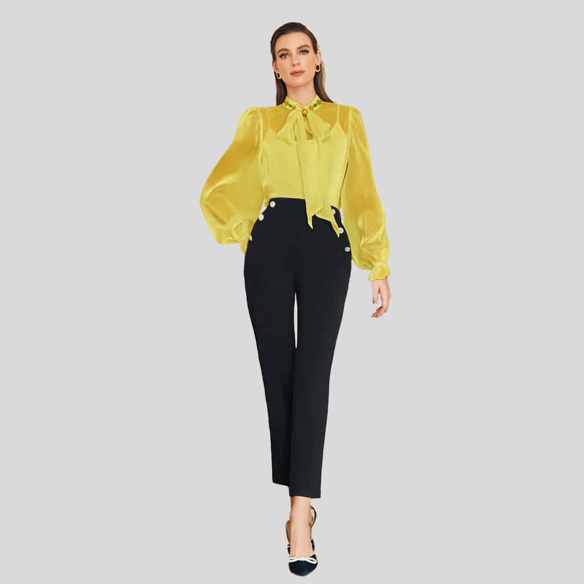 Yellow Pearls Bow Front Flounce Sleeve Blouse Without Cami Top-RET085B