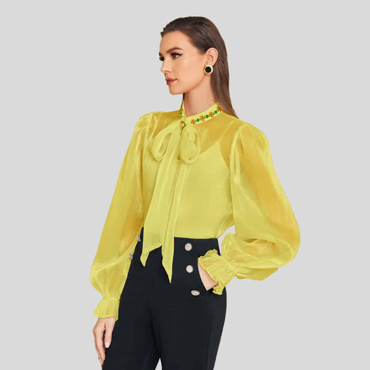 Yellow Pearls Bow Front Flounce Sleeve Blouse Without Cami Top-RET085B