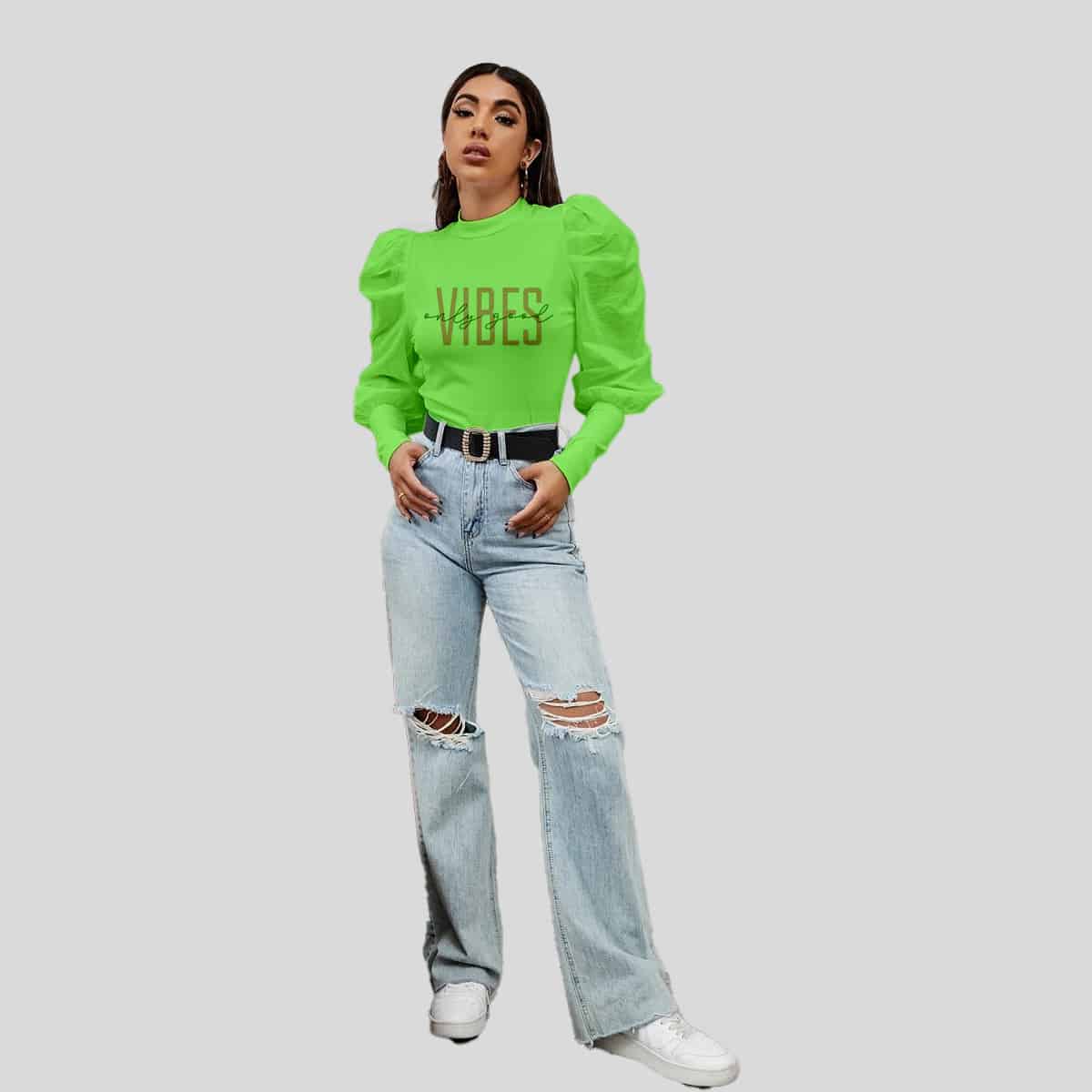 Lemon Green Solid Gigot Sleeve Mock Neck Tee-RCT025
