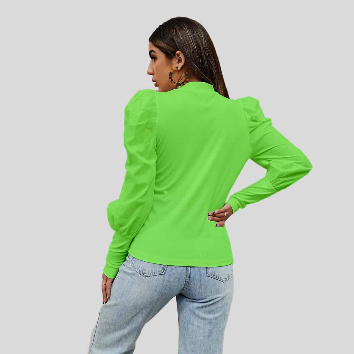 Lemon Green Solid Gigot Sleeve Mock Neck Tee-RCT025
