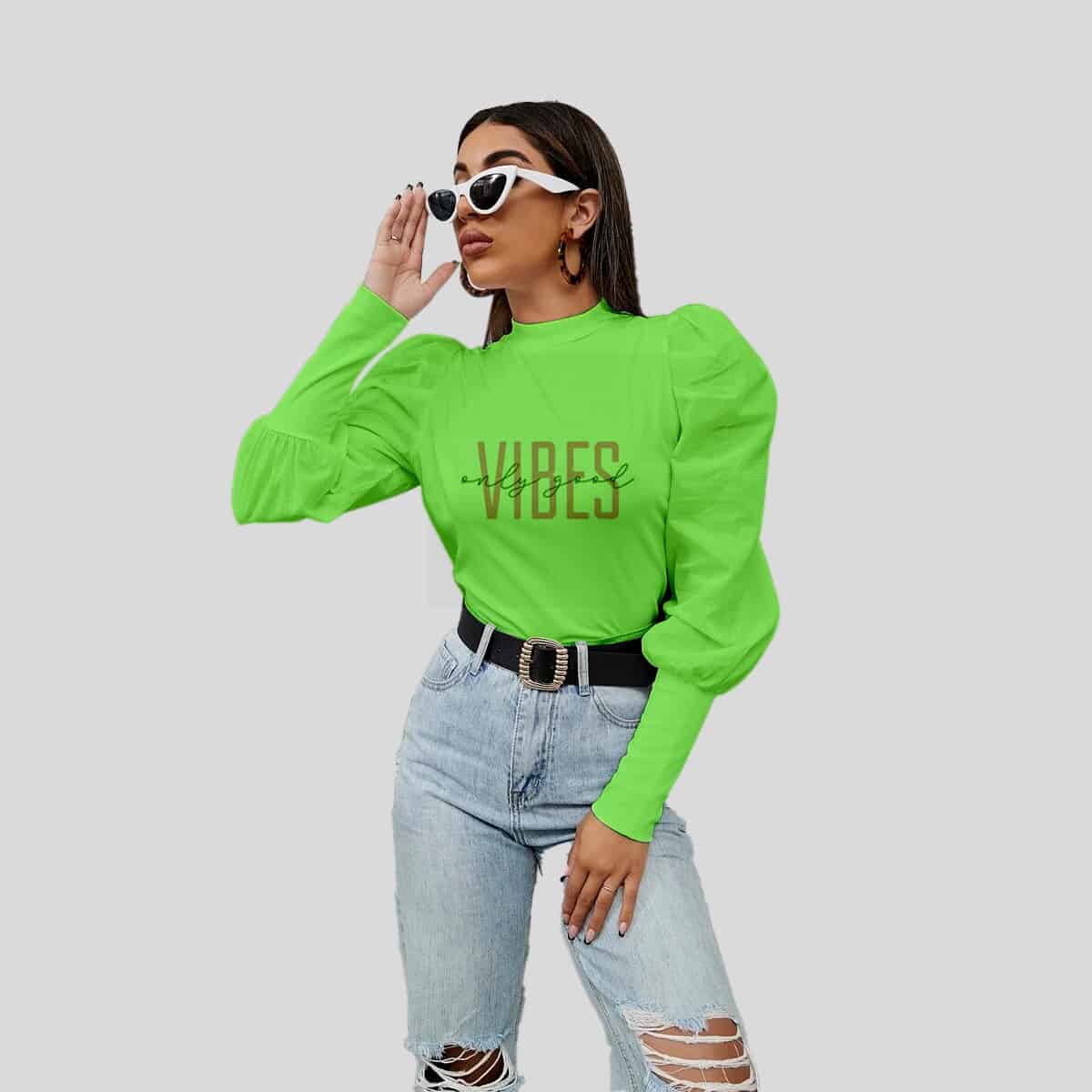 Lemon Green Solid Gigot Sleeve Mock Neck Tee-RCT025