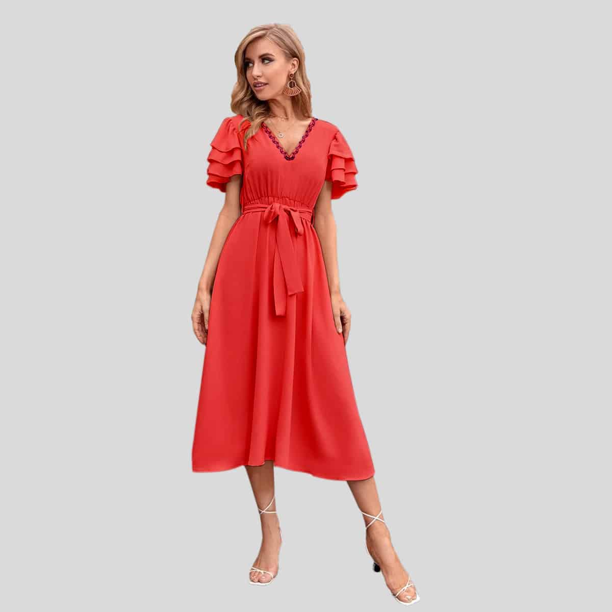 Peach Causal V-neck Layered Sleeve Belted Dress-RCD008