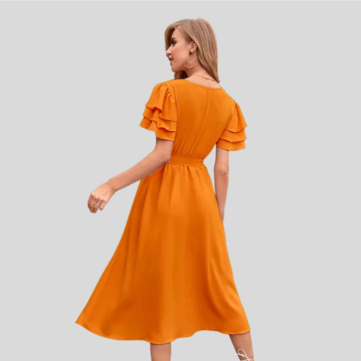 Orange Causal V-neck Layered Sleeve Belted Dress-RCD009