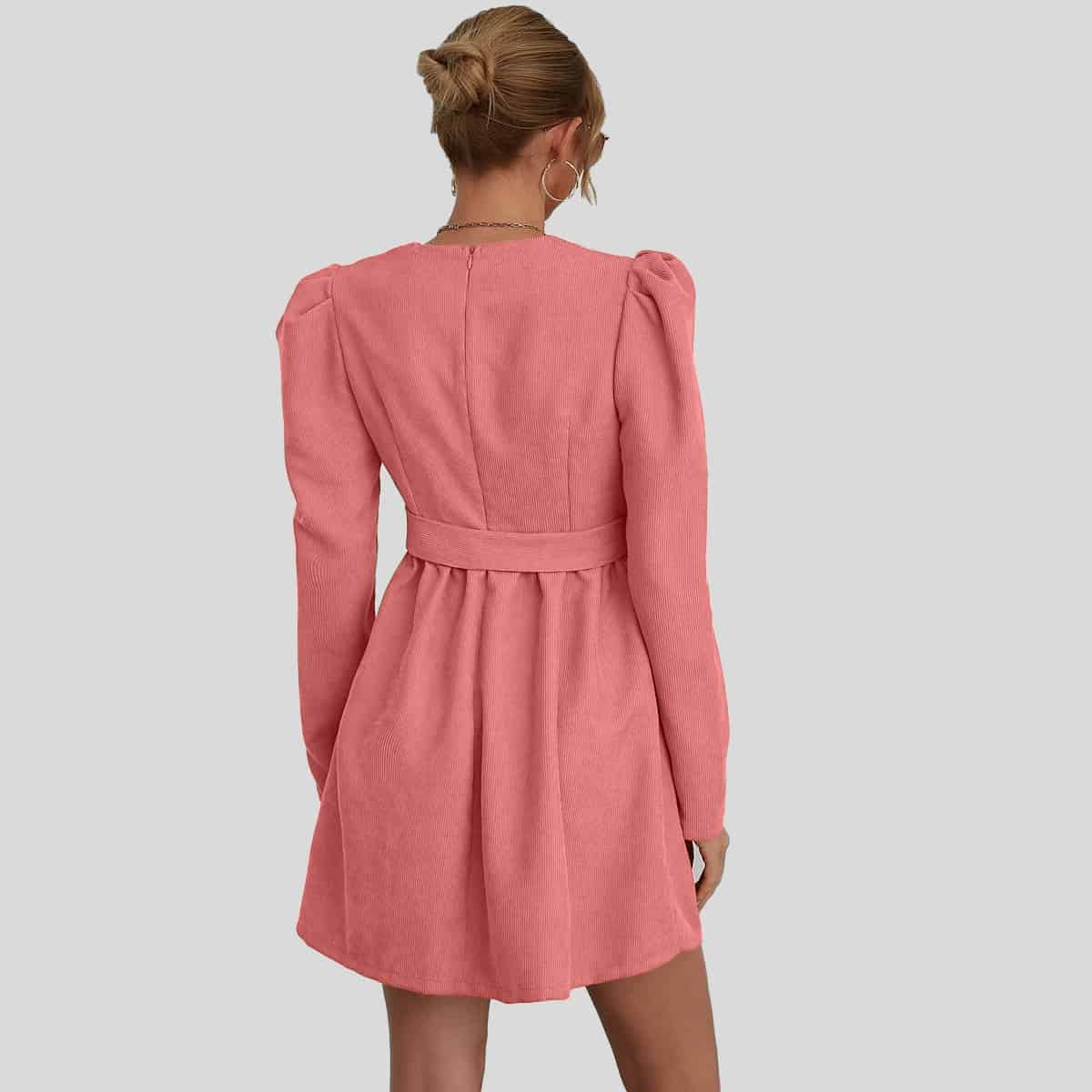 Baby pink Puff Sleeve Belted Corduroy Dress-RCD010