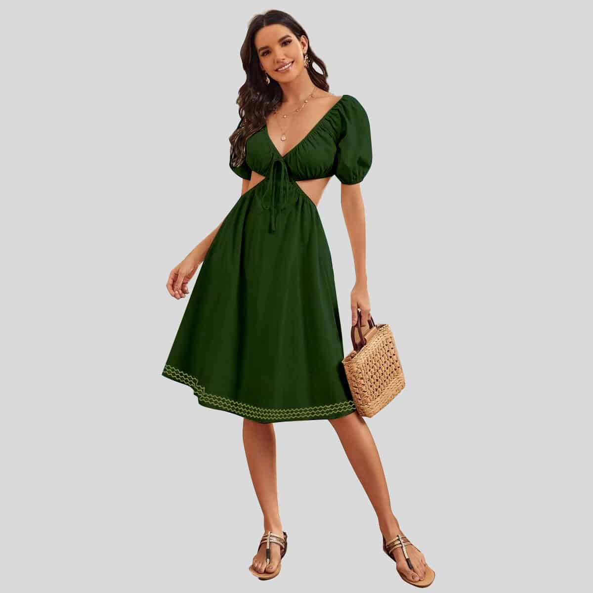 Pine Green Tie Front Puff Sleeve Cut Out Dress-RCD012