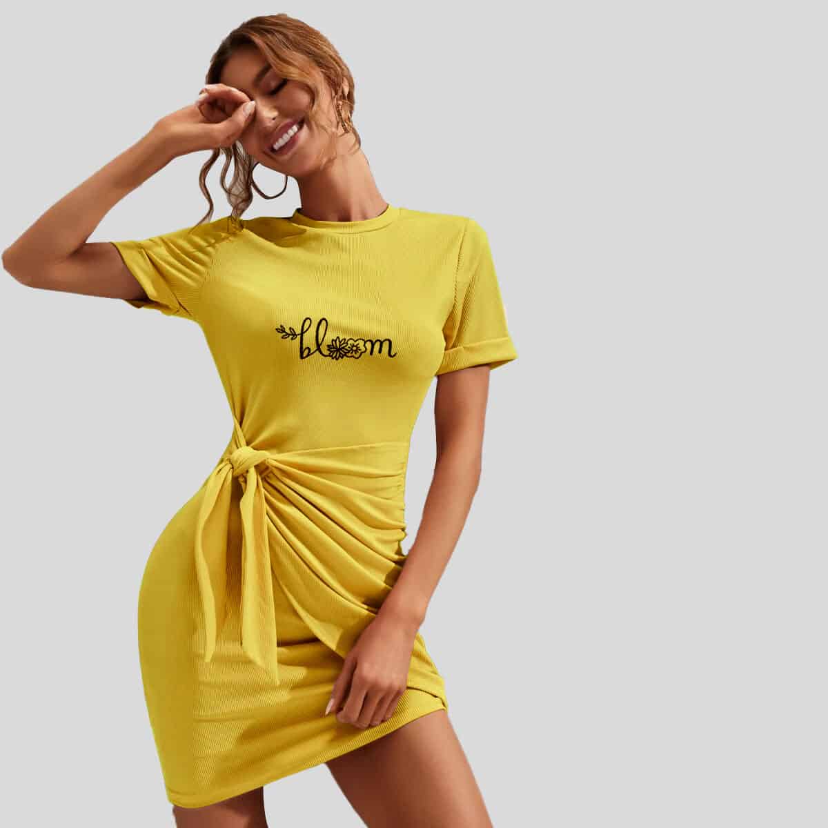 Yellow Tie Front Causal Dress-RCD013