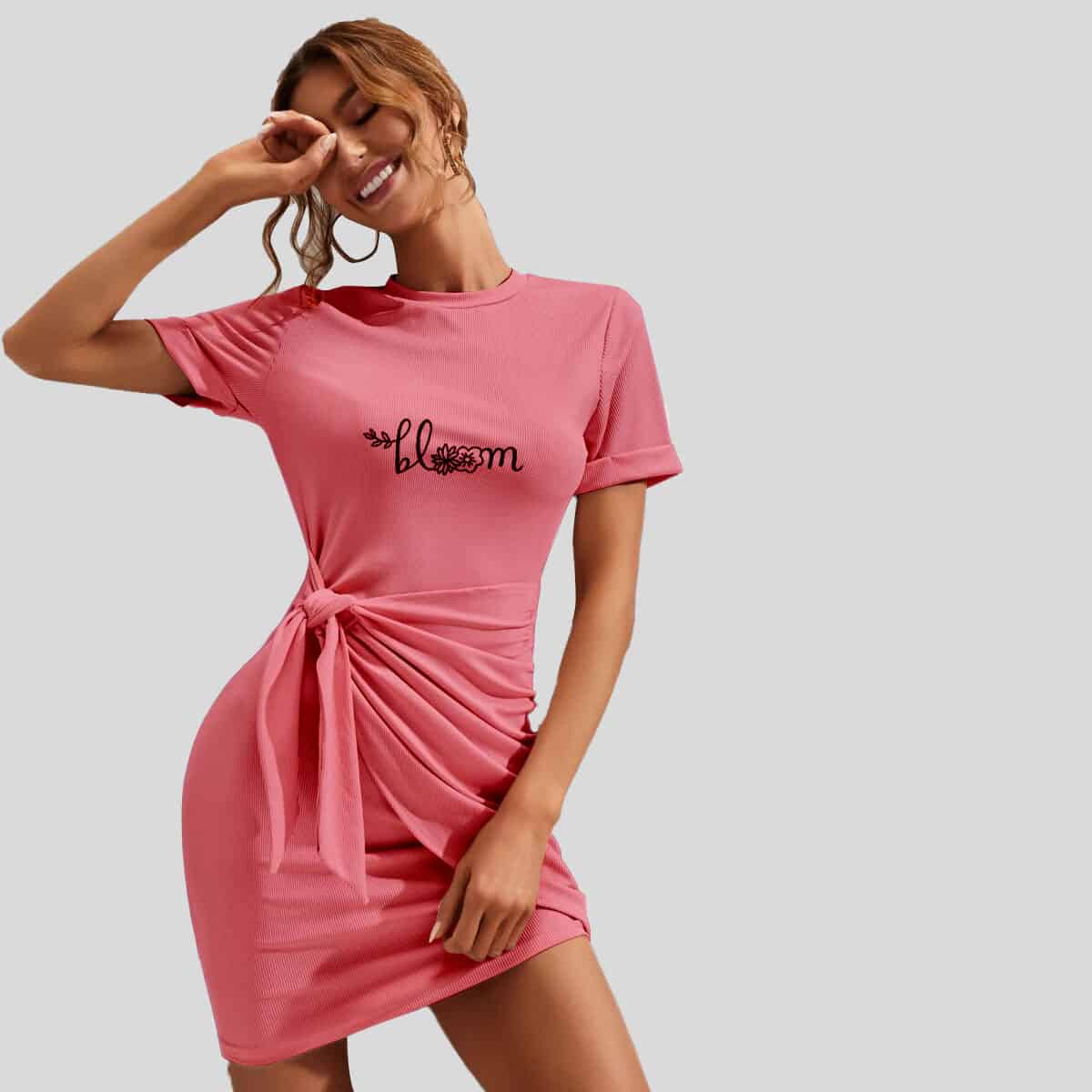 Baby Pink Tie Front Causal Dress-RCD014