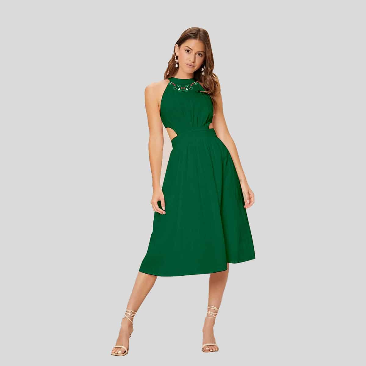 Forest Green Cut Out Waist Rucked Halter Dress-RCD015