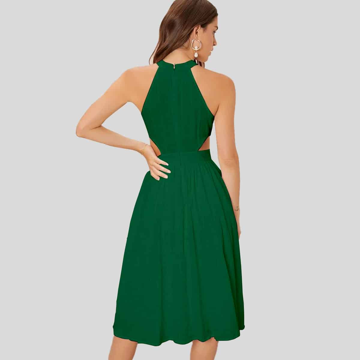 Forest Green Cut Out Waist Rucked Halter Dress-RCD015