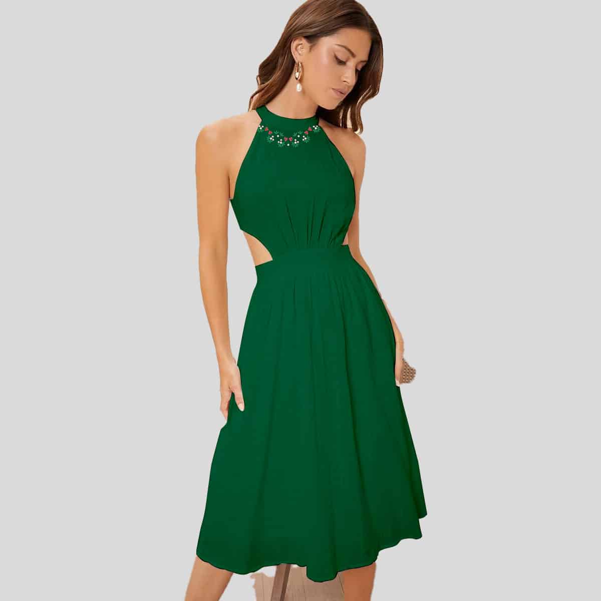 Forest Green Cut Out Waist Rucked Halter Dress-RCD015