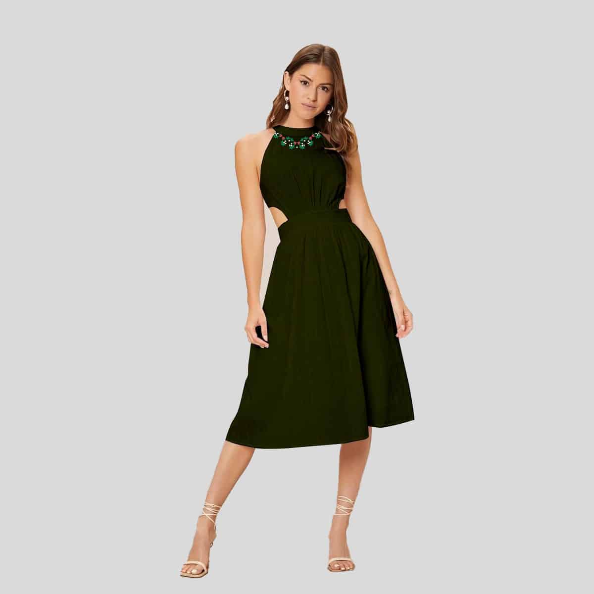 Seaweed Cut Out Waist Rucked Halter Dress-RCD016
