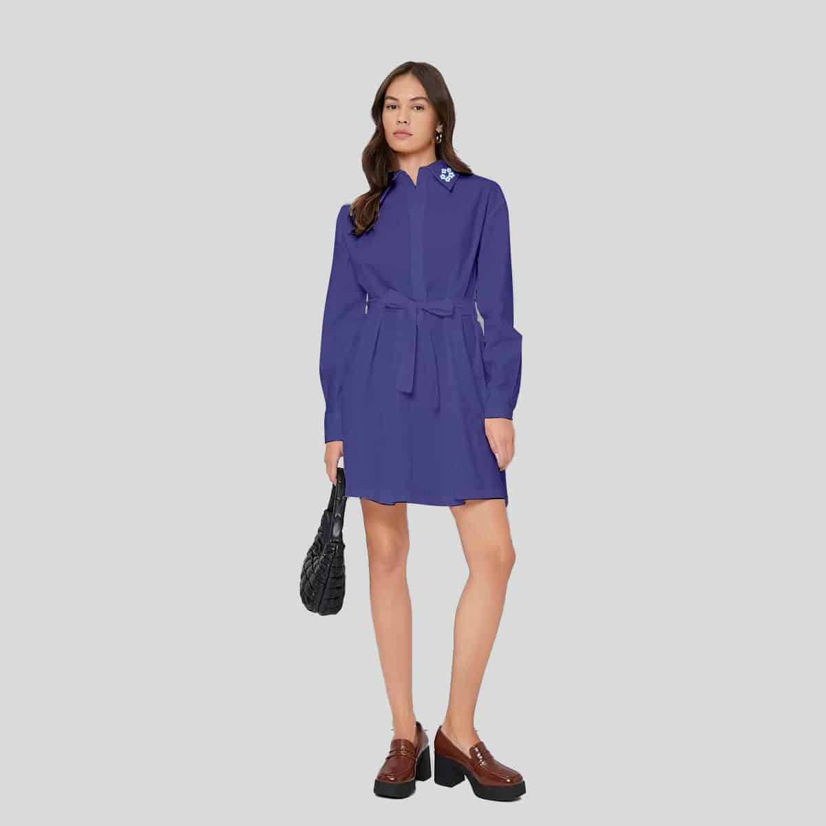 Window Blue Plicate Detail Belted Shirt Dress-RCD017