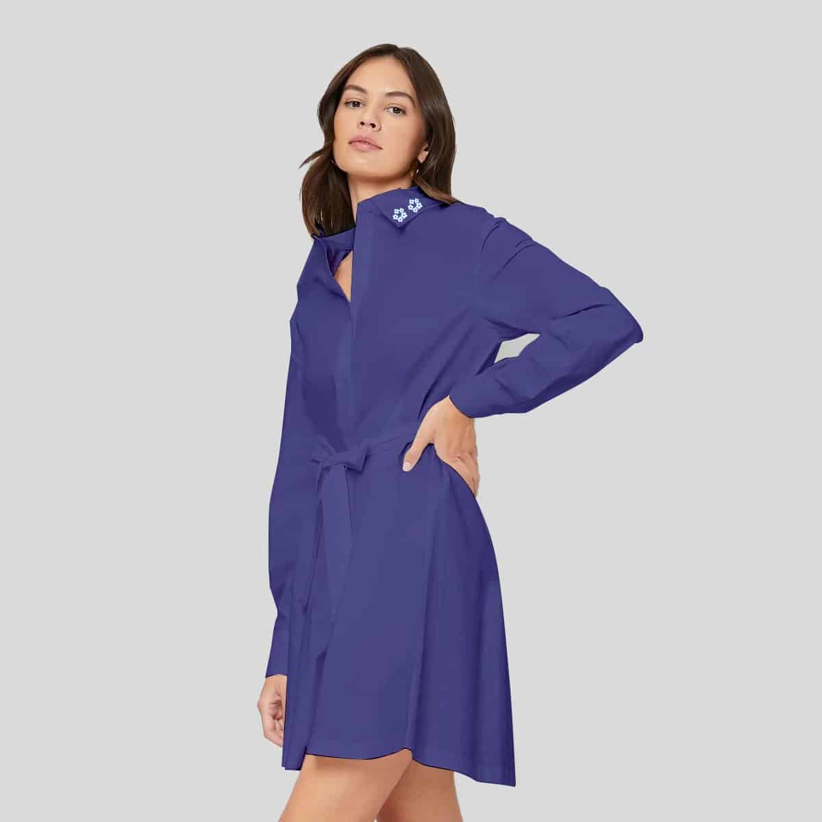 Window Blue Plicate Detail Belted Shirt Dress-RCD017