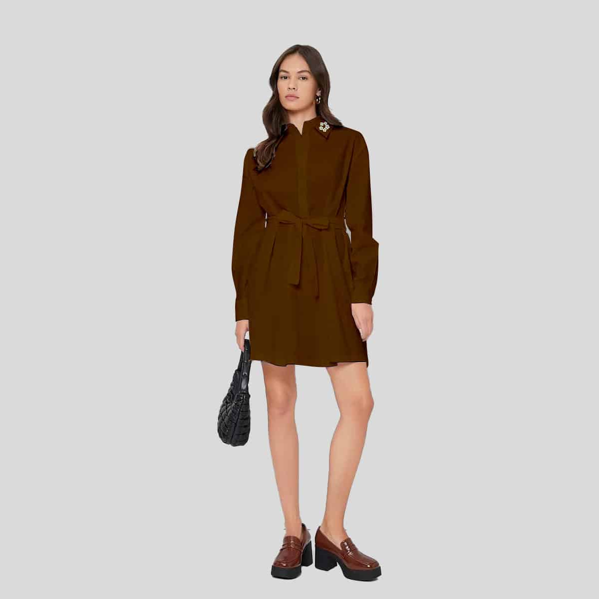 Syrup Brown Plicate Detail Belted Shirt Dress-RCD018