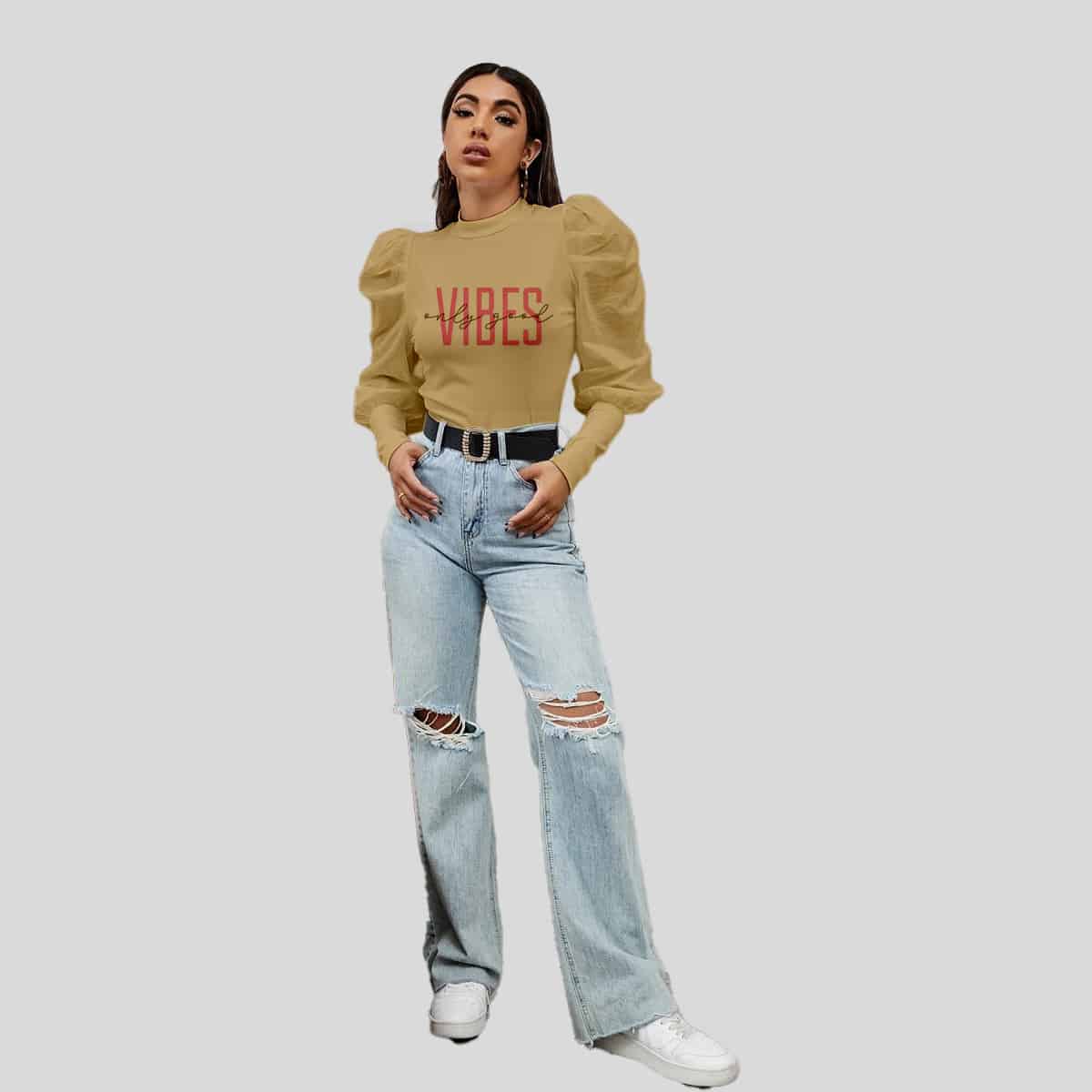 Sand Yellow Solid Gigot Sleeve Mock Neck Tee-RCT024
