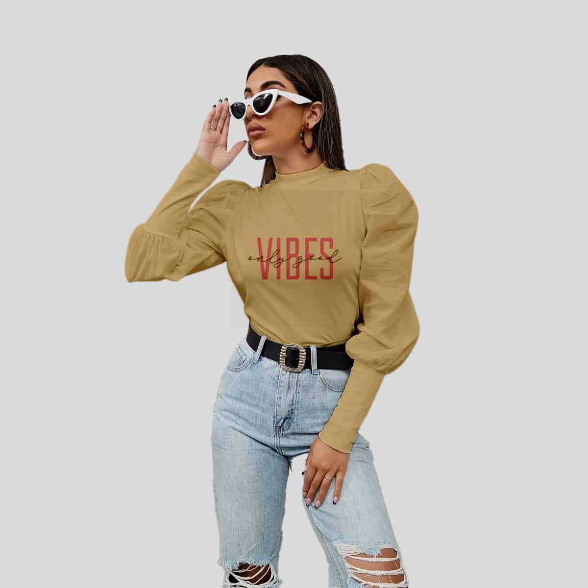 Sand Yellow Solid Gigot Sleeve Mock Neck Tee-RCT024