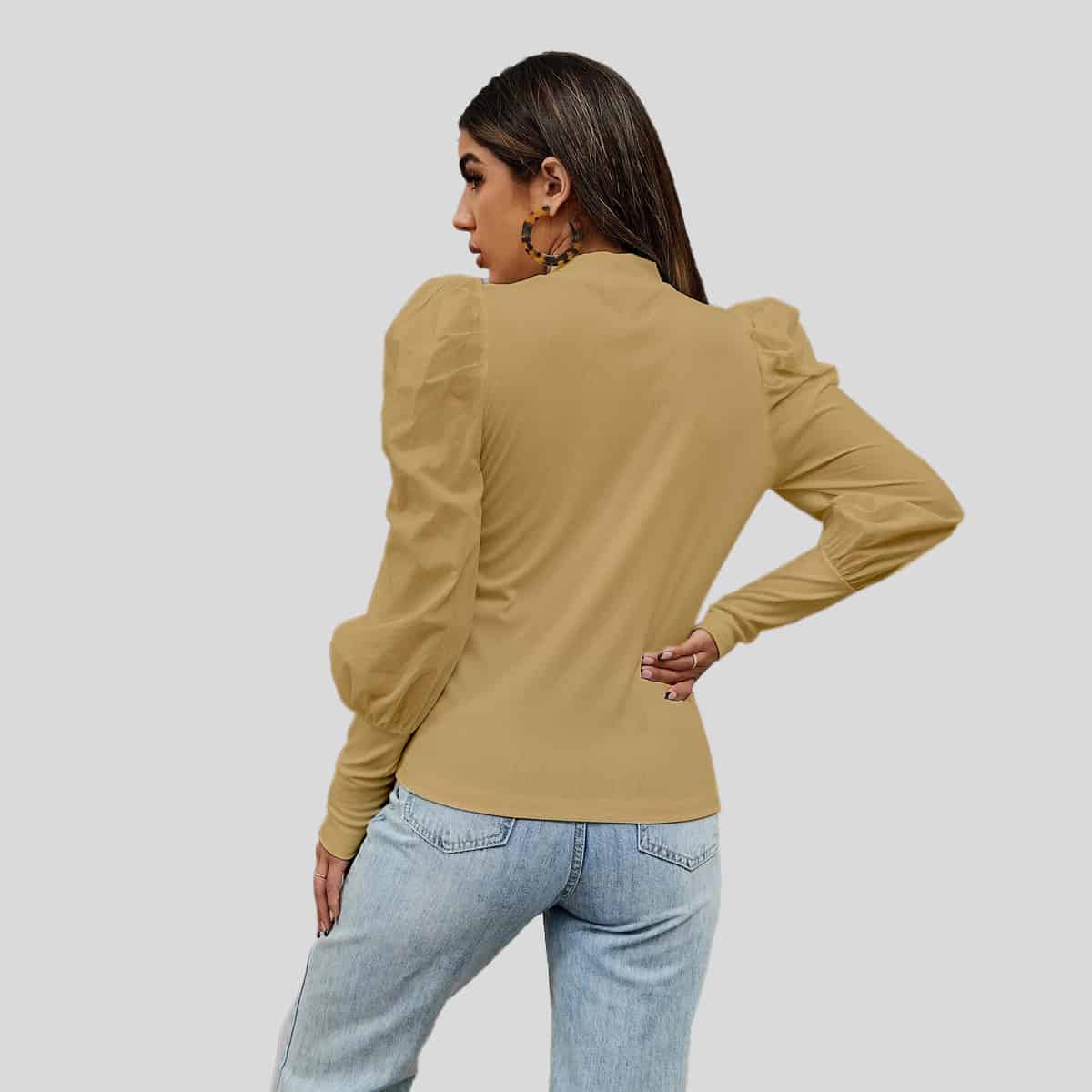 Sand Yellow Solid Gigot Sleeve Mock Neck Tee-RCT024